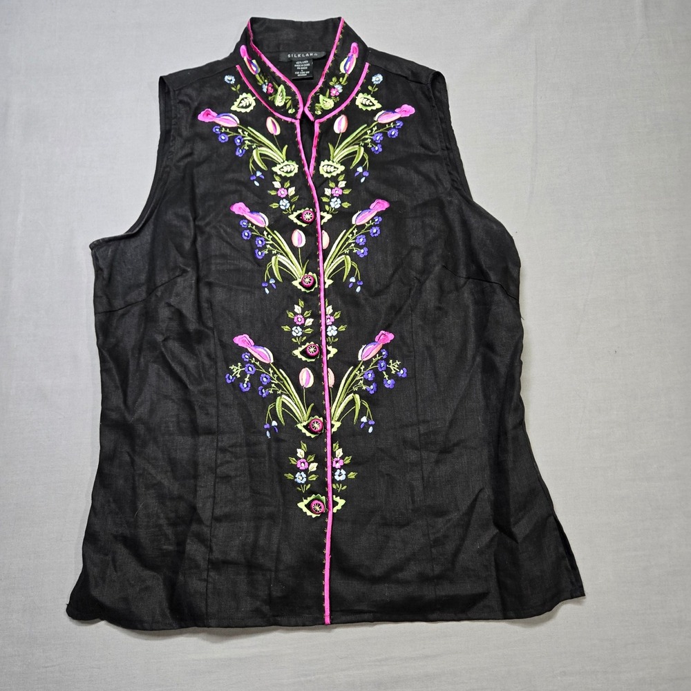 Silkland Black Linen Vest Embroidered Floral Boho Cottagecore Folk Art Vintage - Picture 2 of 7